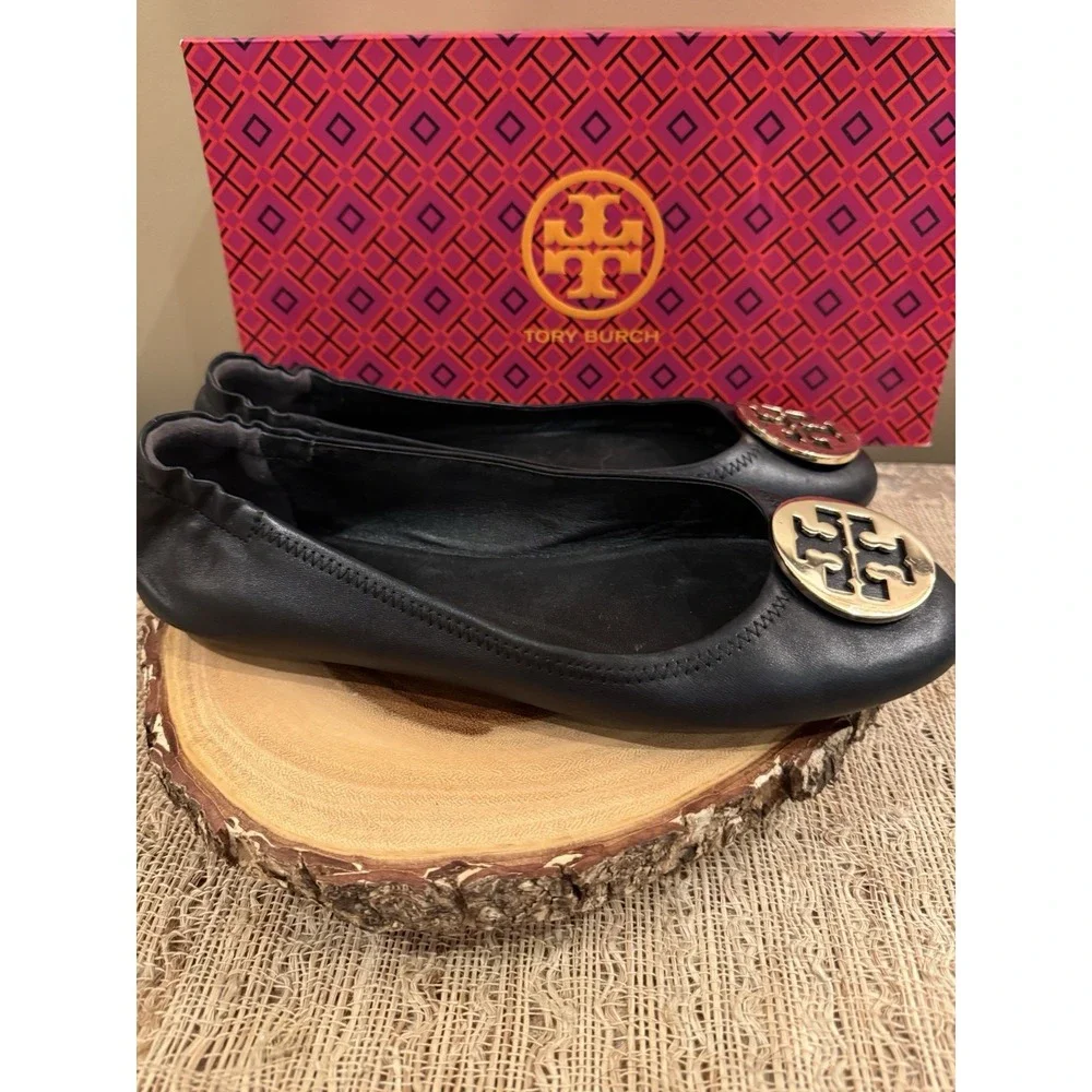 Tory Burch Minnie Travel Ballet Flats Black Leather Gold Logo Sz-10M
